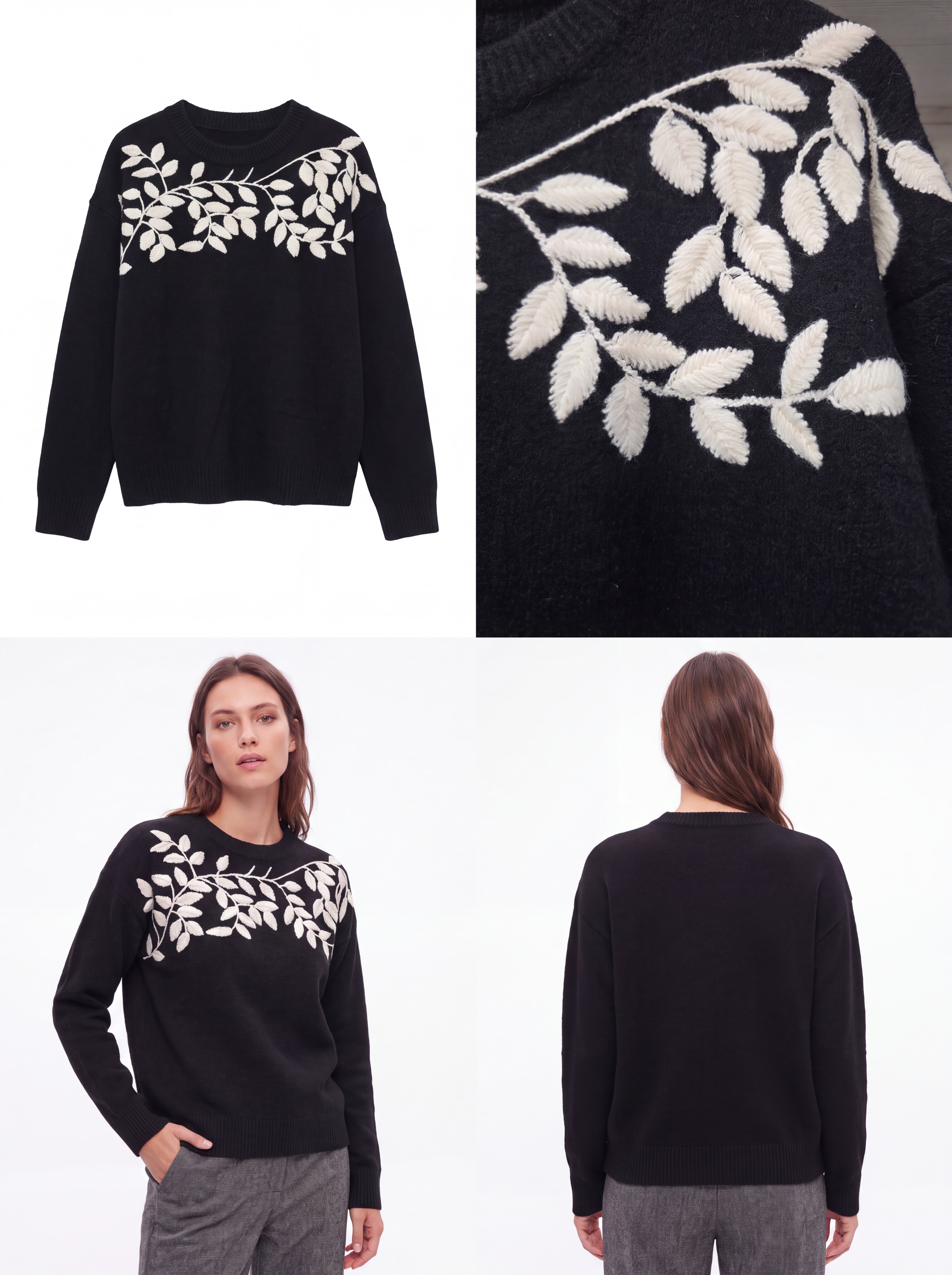 Dámsky pulóver s výšivkou a vetvičkami BLACK Čierny s.WEAR 1